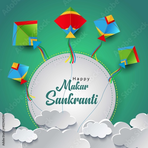 Indian festival Happy Makar Sankranti poster design with group of colorful kites flying cloudy sky. vector illustration design.