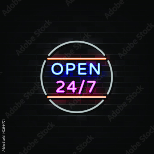 Neon signboard 24 7 open time. Realistic glowing shining design element for 24 Hours Club, Bar, Cafe