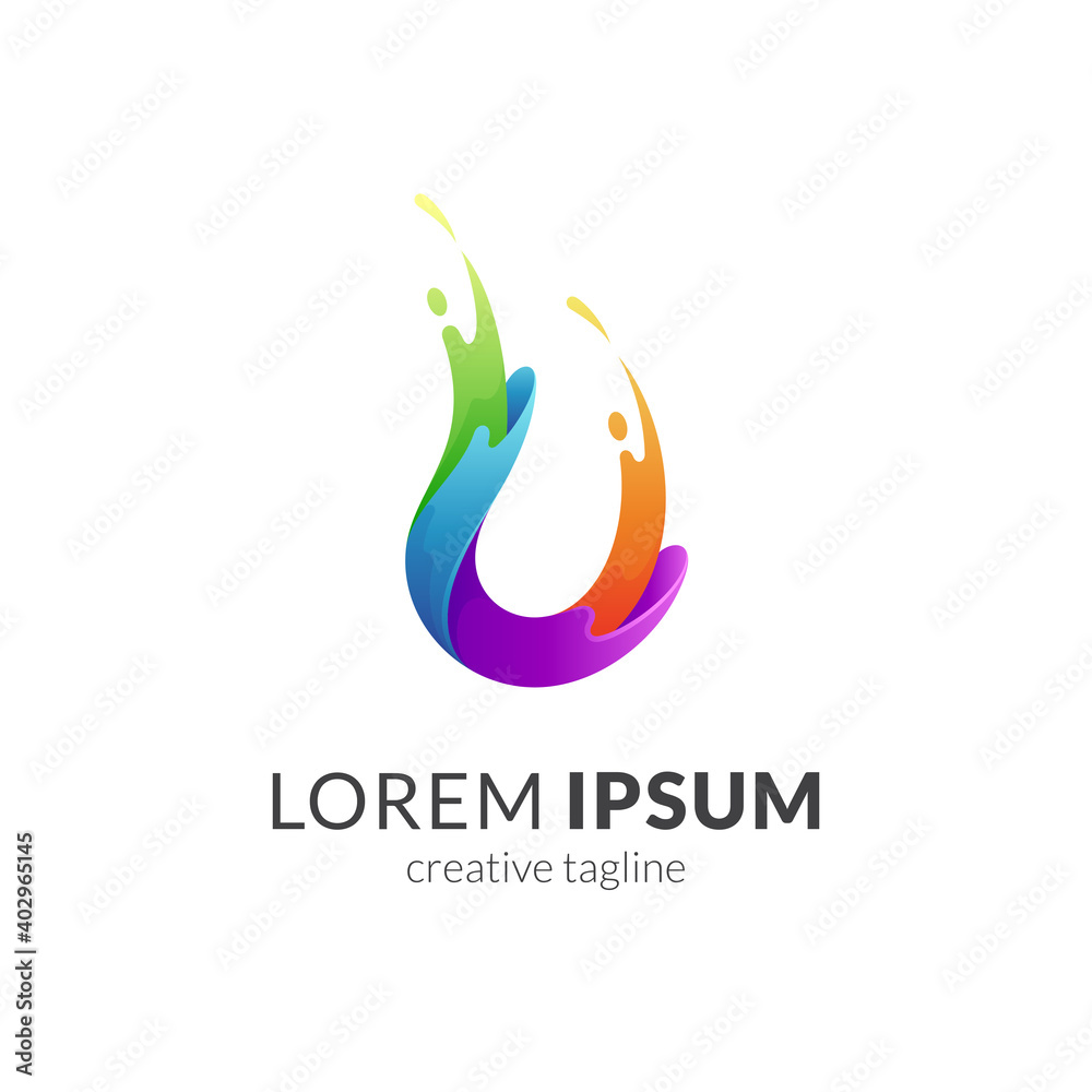 Obraz premium U wave water logo with colorful 3d concept. Letter U and water splash shape modern logo design template