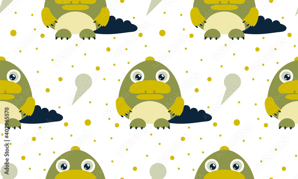 Cute seamless illustration with animals. Childish pattern for design covers, gifts, wrapping paper, web banners. Minimalist background with cartoon crocodile and geometric shapes, dots.