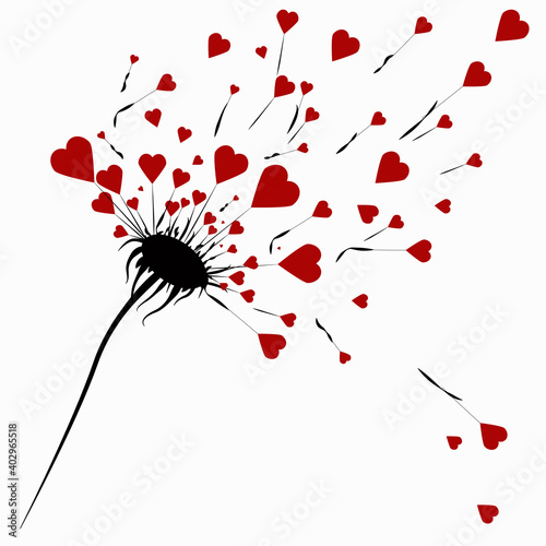 abstract dandelion with hearts, the seeds of love which are scattered in the wind. Illustration on the theme of love and Valentine's Day