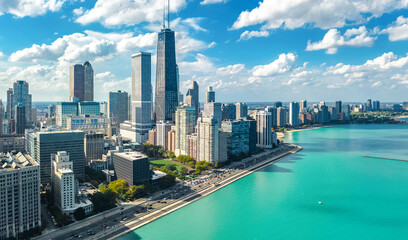 Fotobehang Chicago Drone luchtfoto Chicago downtown skyline  © Iuliia Sokolovska