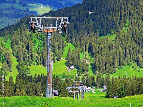 4er Sesselbahn Sternen zum Klein Sternen or 4-seater Chairlift Hoch-Ybrig - Seebli (Kl. Sternen) on the slopes of the Schwyz Alps mountain massif, Oberiberg - Canton of Schwyz, Switzerland (Schweiz) photo