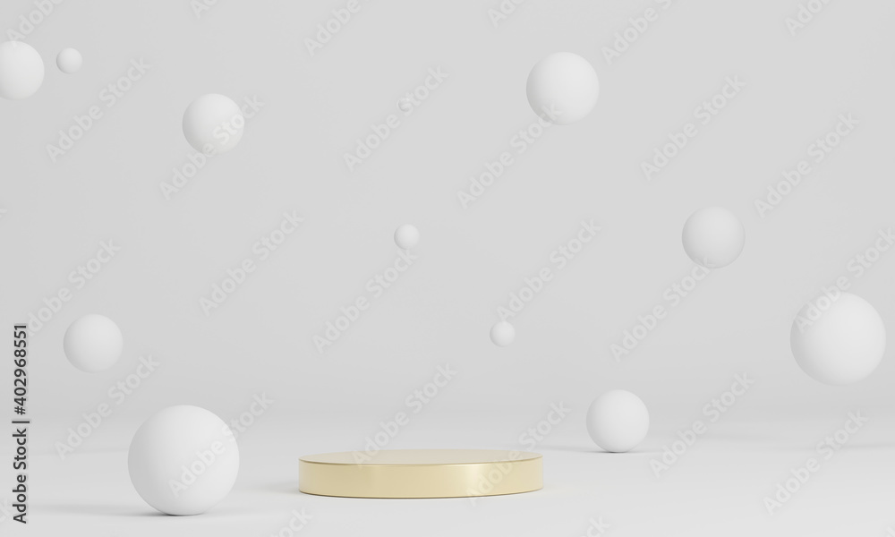 3D rendering golden podium with White sphere background. Cylinder shape of product display, Luxury golden modern concepts.