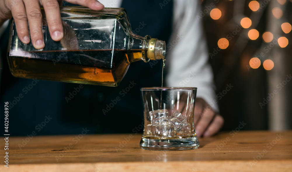 Barman pouring whiskey whiskey glass beautiful night Barman pouring whiskey whiskey glass beautiful night