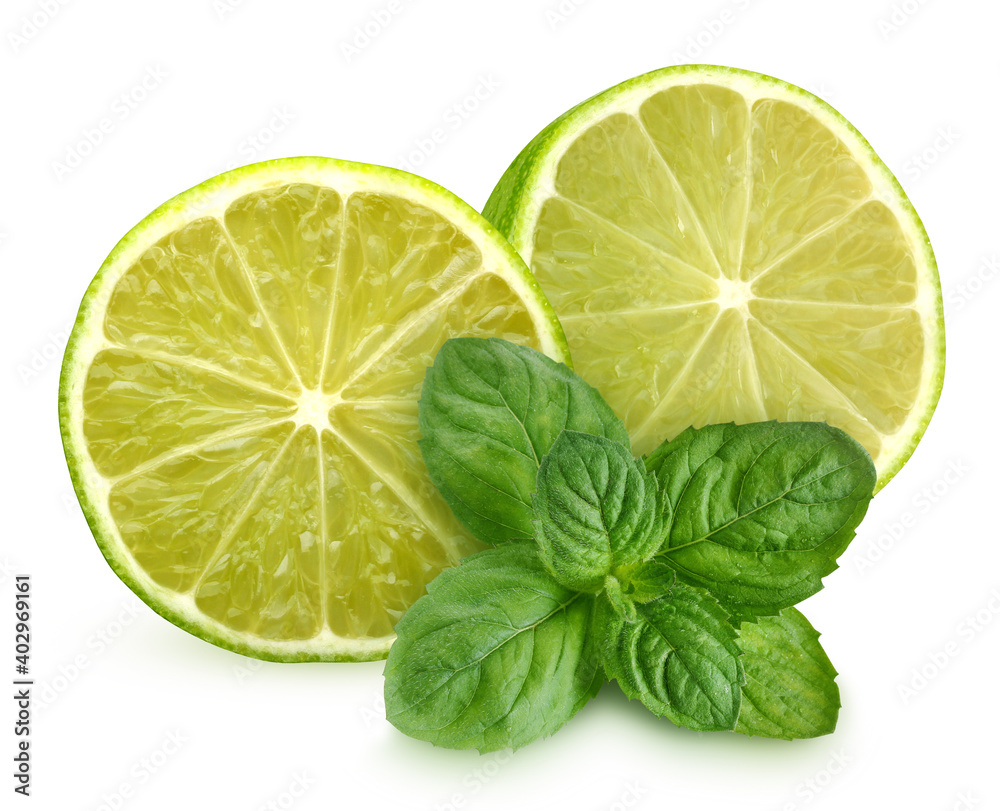 isolated lime and mint leaf.