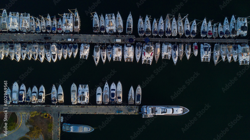 Aerial drone bird's eye view of marina in Athens with docked yachts, Piraeus Harbour port of Athens Aerial drone bird's eye view of marina in Athens with docked yachts, Piraeus Harbour port of Athens