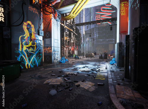 A 3D rendered cyber punk urban scene with neon signs and dirty a dirty alley 