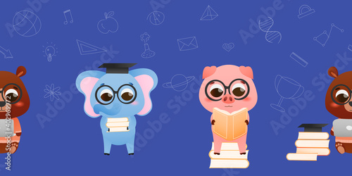 Seamless educational banner for web with cute animal characters reading books or studying, hand drown elements in school theme, dark blue background in cartoon style