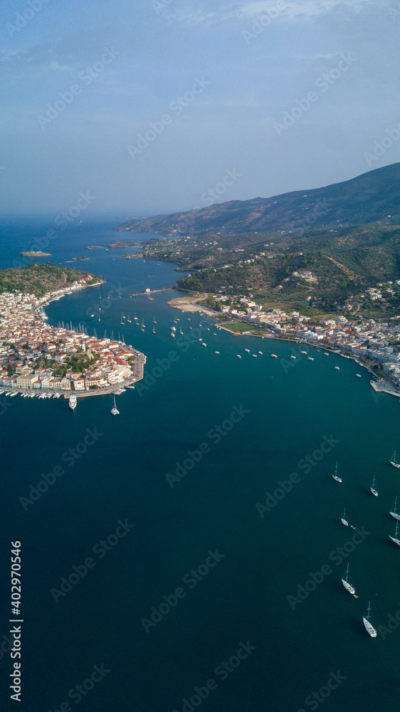 Poros greece. Beautiful island. Aerial photo of travel destination, view from drone