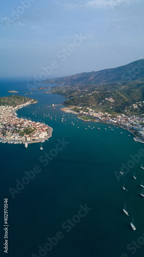 Poros greece. Beautiful island. Aerial photo of travel destination, view from drone