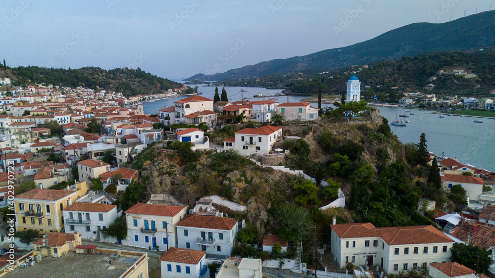 Poros greece. Beautiful island. Sunset. Aerial photo of travel destination, view from drone