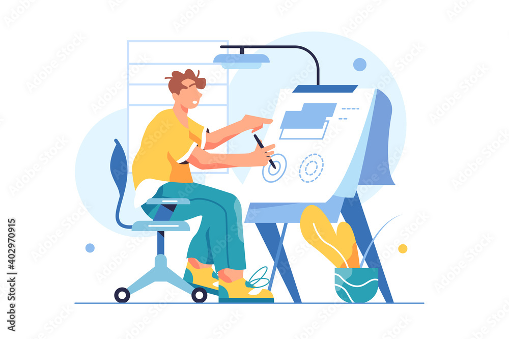 Guy engineer sits on a chair and draws a project on a blackboard, in an office isolated on a white background, flat vector illustration Guy engineer sits on a chair and draws a project on a blackboard, in an office isolated on a white background, flat vector illustration