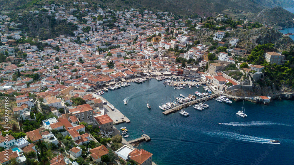 aerial view of the Hydra Island in Greece from drone, boats in port
