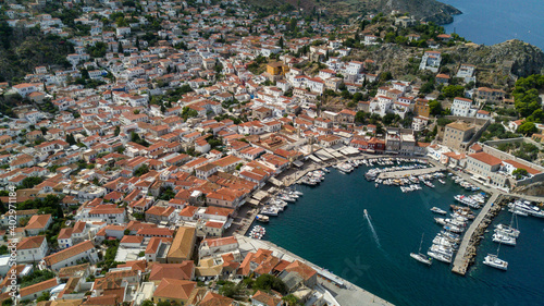 aerial view of the Hydra Island in Greece from drone, boats in port