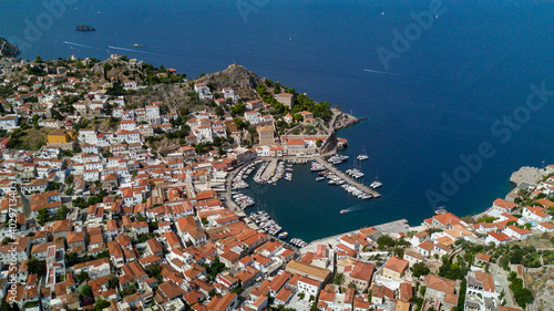 Fototapeta Naklejka Na Ścianę i Meble -  aerial view of the Hydra Island in Greece from drone, boats in port