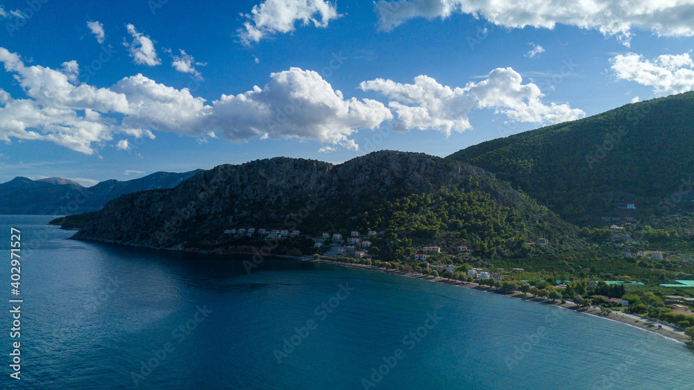 view of the sea and mountains in greece from drone