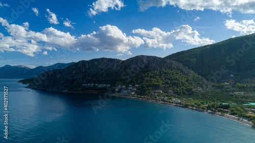 view of the sea and mountains in greece from drone © Dimitar