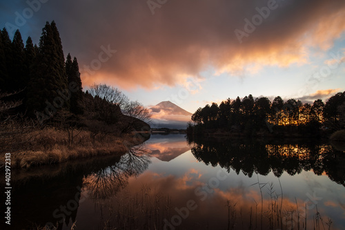 冬の夜明けの田貫湖と富士山 1月