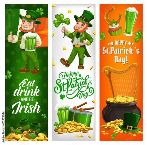 St Patrick day Irish holiday vector banners with leprechaun and Ireland flag. Saint Patrick Day greeting with shamrock clover, leprechaun gold coins in cauldron pot, golden horseshoe and harp