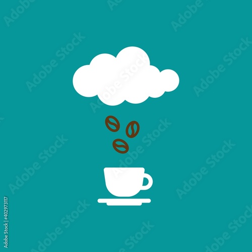 white cup with cloud and coffee rain. isolated on blue. coffee break vector illustration.