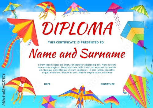 Kindergarten diploma, school certificate with color kites. Kids diploma for participation, education graduation award or holiday invitation template. Flying in sky different paper kites cartoon vector