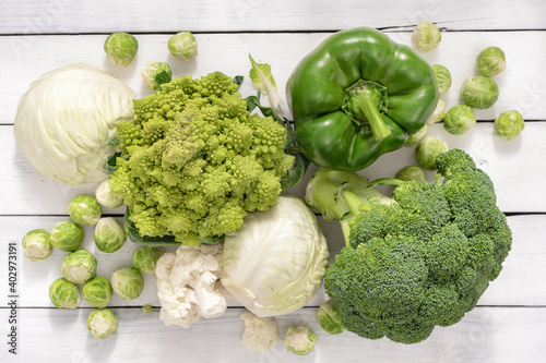Assorted cabbage. Brussels sprouts, white cabbage, cauliflower, broccoli. Top view