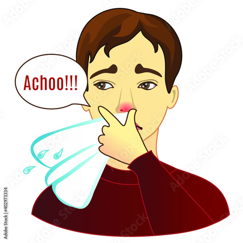 emoji man says achoo, sneezes his snots or blows his nose using a handkerchief, facial expression vector illustration, hand drawn emoticon, funny cartoon character