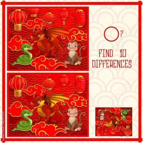 Kids New Year find ten differences puzzle game with Chinese calendar animals. Children playing activity with details compare task. Snake, red dragon and monkey cartoon character, paper lanterns vector