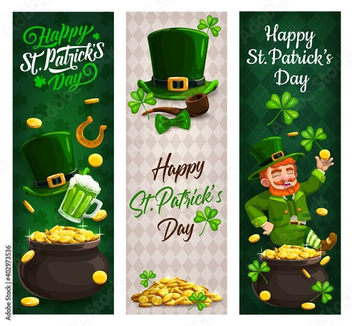 St Patricks Day leprechaun with gold, clovers vector banners of Irish holiday. Green beer, hat and pot of gold, shamrock leaves, lucky horseshoe and golden coins, treasure cauldron, elf smoking pipe