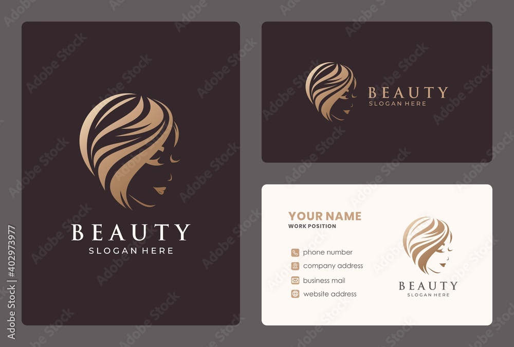 hairdresser, woman, beauty salon logo design with business card template.