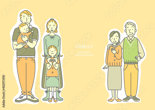 シンプルでおしゃれな三世代家族の線画イラスト