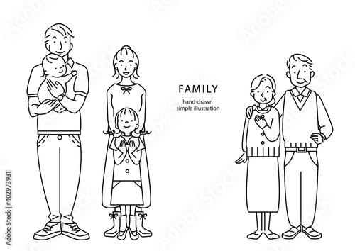 シンプルでおしゃれな三世代家族の線画イラスト