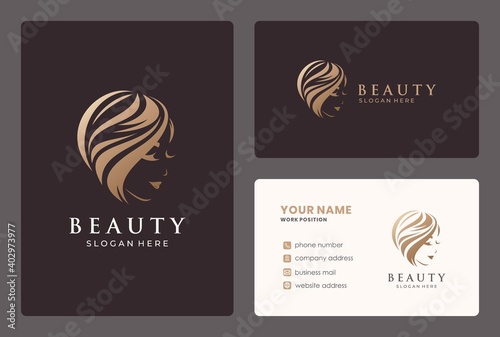 hairdresser, woman, beauty salon logo design with business card template.