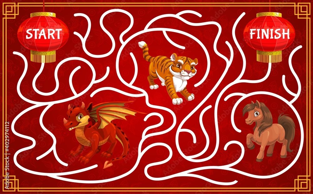 Children maze, kids New Year game with Chinese zodiac animals. Find way child game, labyrinth maze or holiday playing activity with oriental paper lanterns, dragon, tiger and horse cartoon vector
