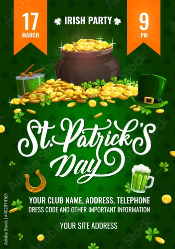 St. Patricks Day party vector flyer, cartoon poster with leprechaun pot stand on gold pile with top hat, Ireland ale, drum, shamroks and lettering on green background. Saint Patrick party invitation