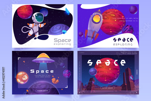 Space posters, galaxy exploring flyers. Vector set of futuristic banners with cartoon illustration of alien planets, rocket, ufo spaceship and astronaut on background of outer space with stars