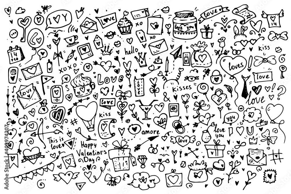 Valentine's Day doodle .a large Set of cute hand-drawn elements about love. Design elements in the style of doodle black outline isolated on a white background. Happy Valentine's Day background. Vecto