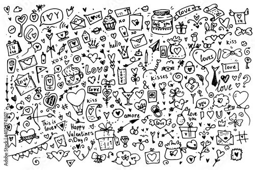 Valentine s Day doodle .a large Set of cute hand-drawn elements about love. Design elements in the style of doodle black outline isolated on a white background. Happy Valentine s Day background. Vecto