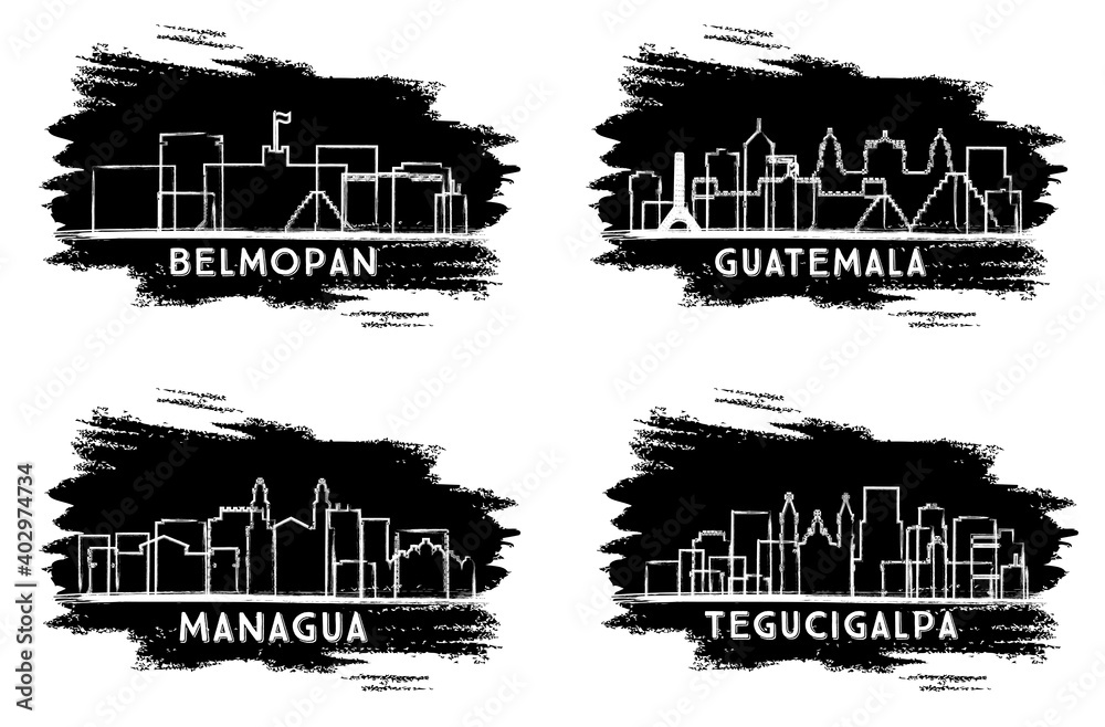 Managua Nicaragua, Guatemala, Tegucigalpa Honduras and Belmopan Belize City Skyline Silhouettes Set.