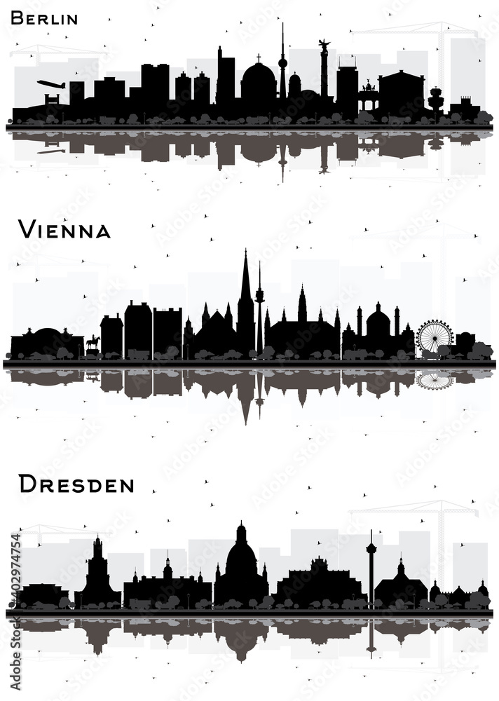 Vienna Austria, Berlin and Dresden Germany Skyline Silhouettes Set with Black Buildings.
