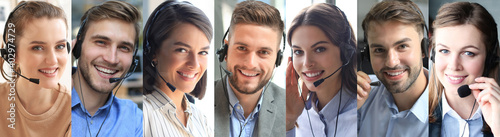 Call center workers collage. Different young customer support operators looking at camera. photo