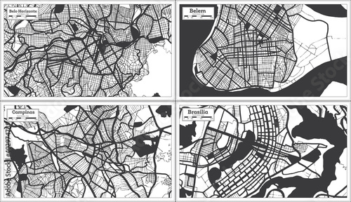 Campinas  Belem  Brasilia and Belo Horizonte Brazil City Maps Set in Black and White Color in Retro Style.