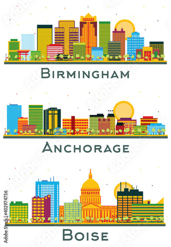 Anchorage Alaska, Boise Idaho and Birmingham Alabama City Skyline Set.