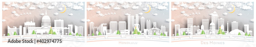 Honolulu Hawaii, Des Moines Iowa and Boise Idaho USA City Skylines Set in Paper Cut Style with Snowflakes, Moon and Neon Garland.