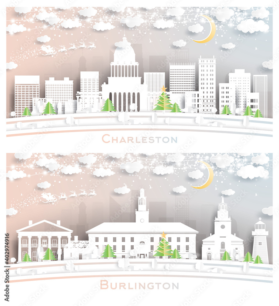 Burlington Vermont and Charleston West Virginia USA City Skyline Set.