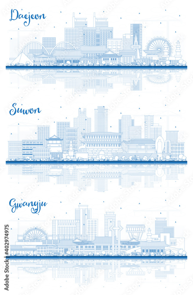 Outline Suwon, Gwangju and Daejeon South Korea City Skyline Set with Blue Buildings and Reflections.