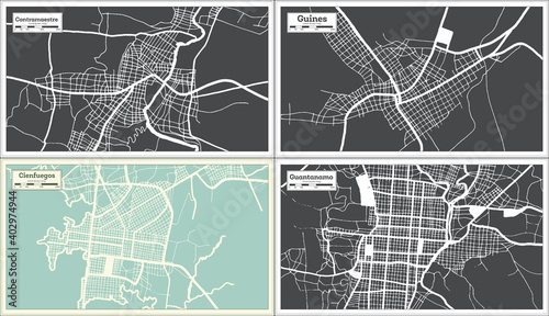 Guines, Cienfuegos, Guantanamo and Contramaestre Cuba City Maps Set in Retro Style. photo