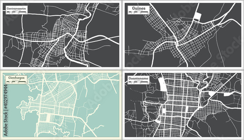Fényképezés Guines, Cienfuegos, Guantanamo and Contramaestre Cuba City Maps Set in Retro Style