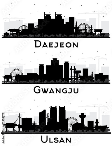 Ulsan  Gwangju and Daejeon South Korea City Skyline Silhouettes Set.